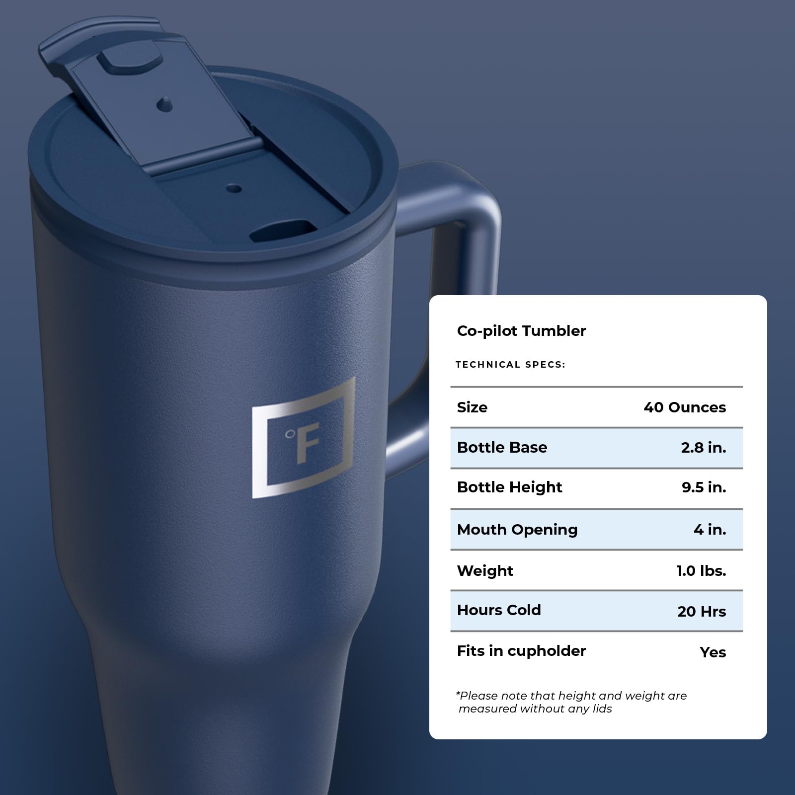 IRON °FLASK Co-Pilot travel-ready mug for on-the-go hydration.