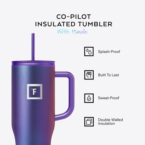 IRON °FLASK Copilot straw lid closeup shows splash-proof sipping on the go