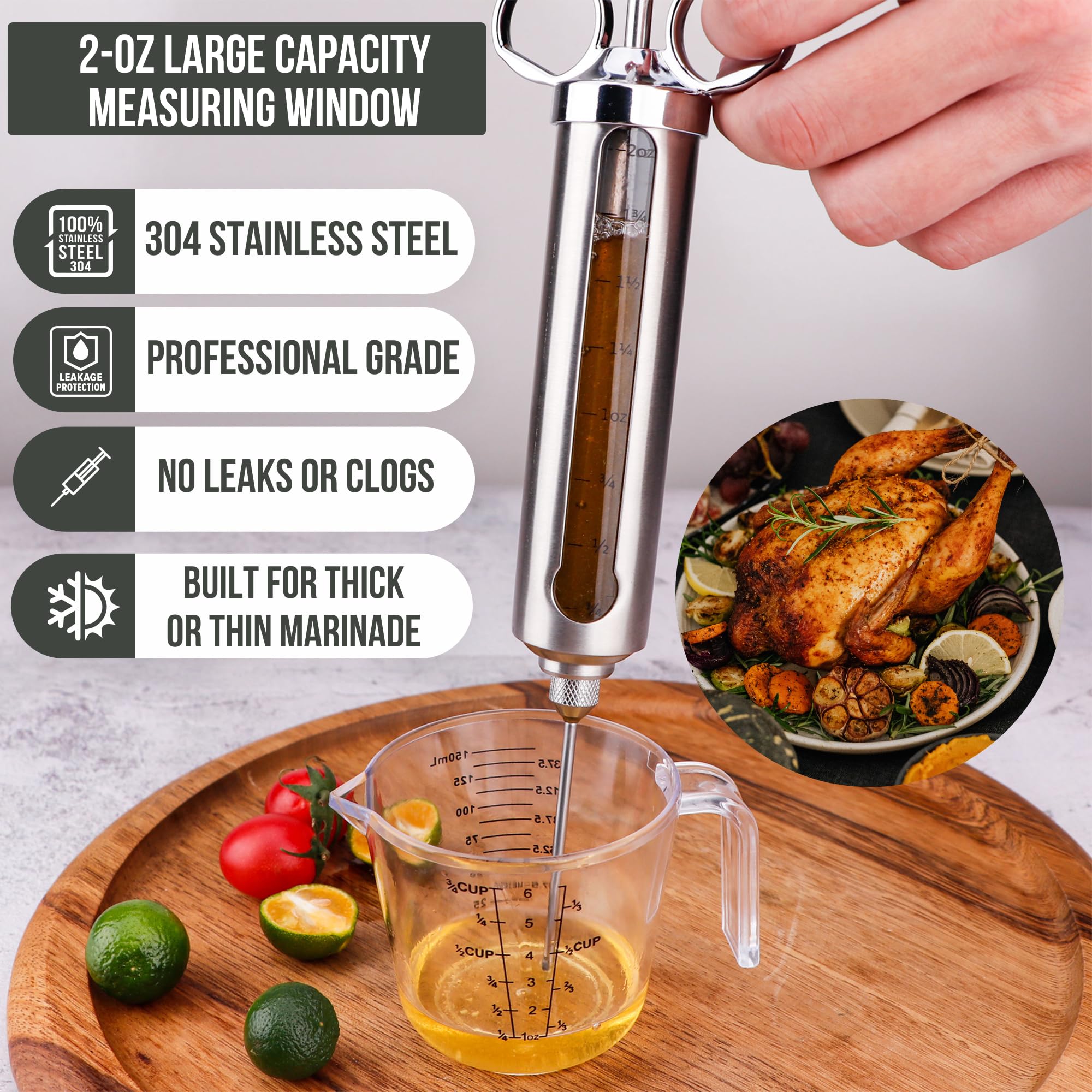 Iron Grillers injector measuring window helps control marinade distribution across the cut.