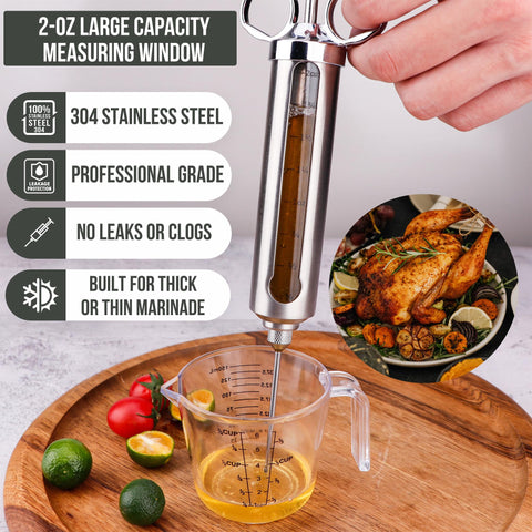 Iron Grillers injector measuring window helps control marinade distribution across the cut.