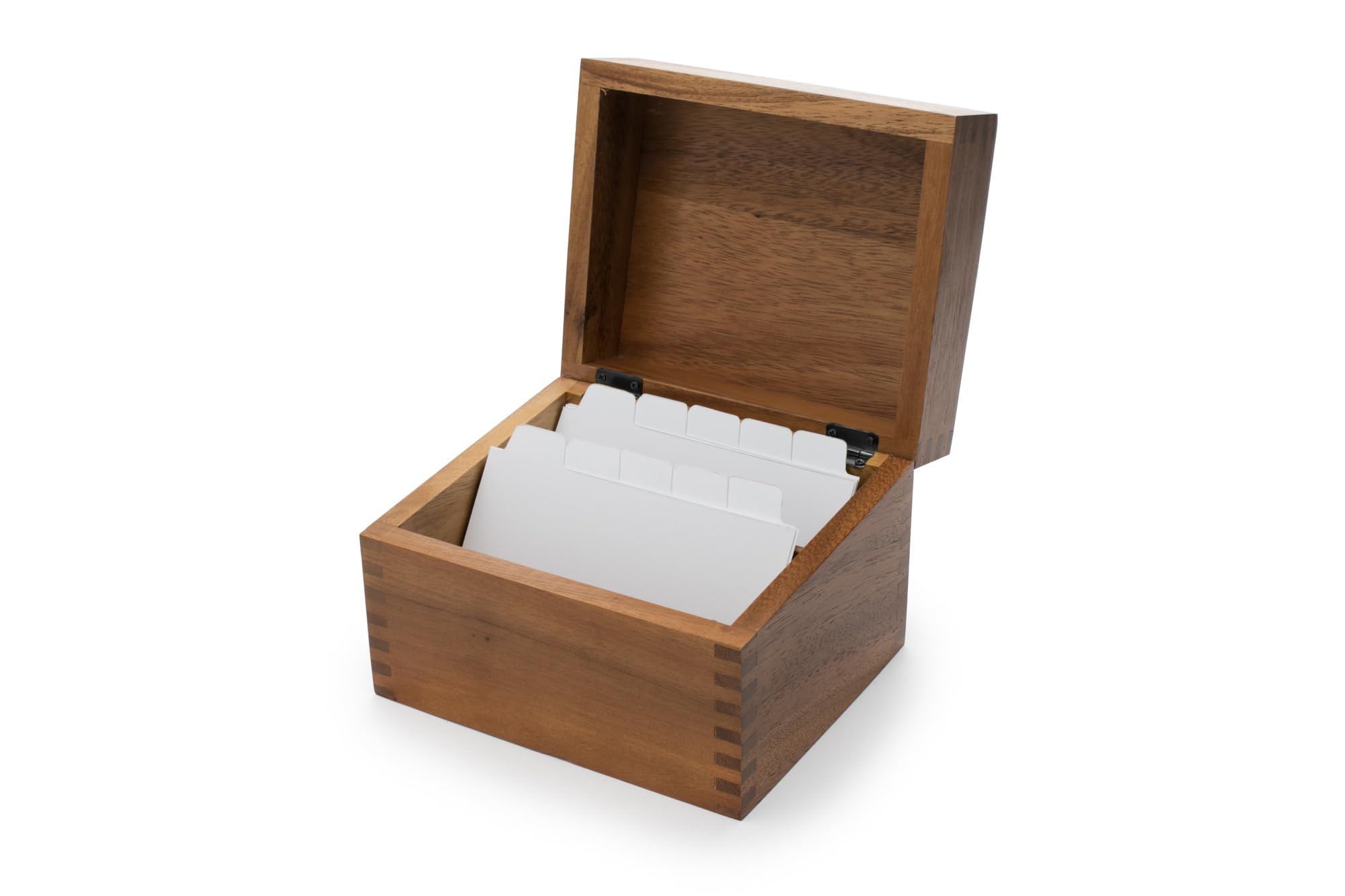 Ironwood Gourmet Acacia recipe box lid grooved for easy recipe card reading during cooking.