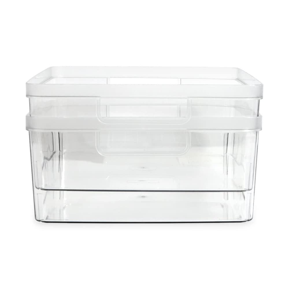 Isaac Jacobs bathroom sink bin keeps grooming items neatly organized away from cleaners.