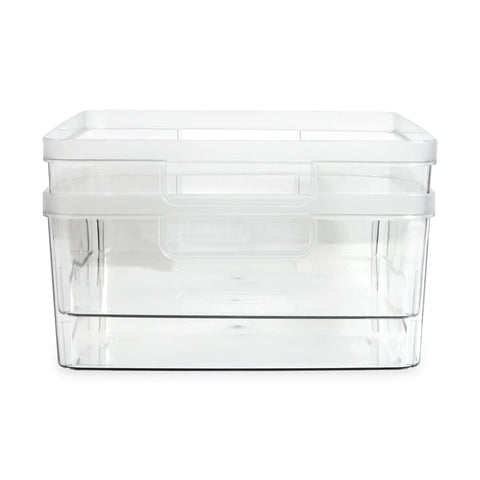 Isaac Jacobs bathroom sink bin keeps grooming items neatly organized away from cleaners.