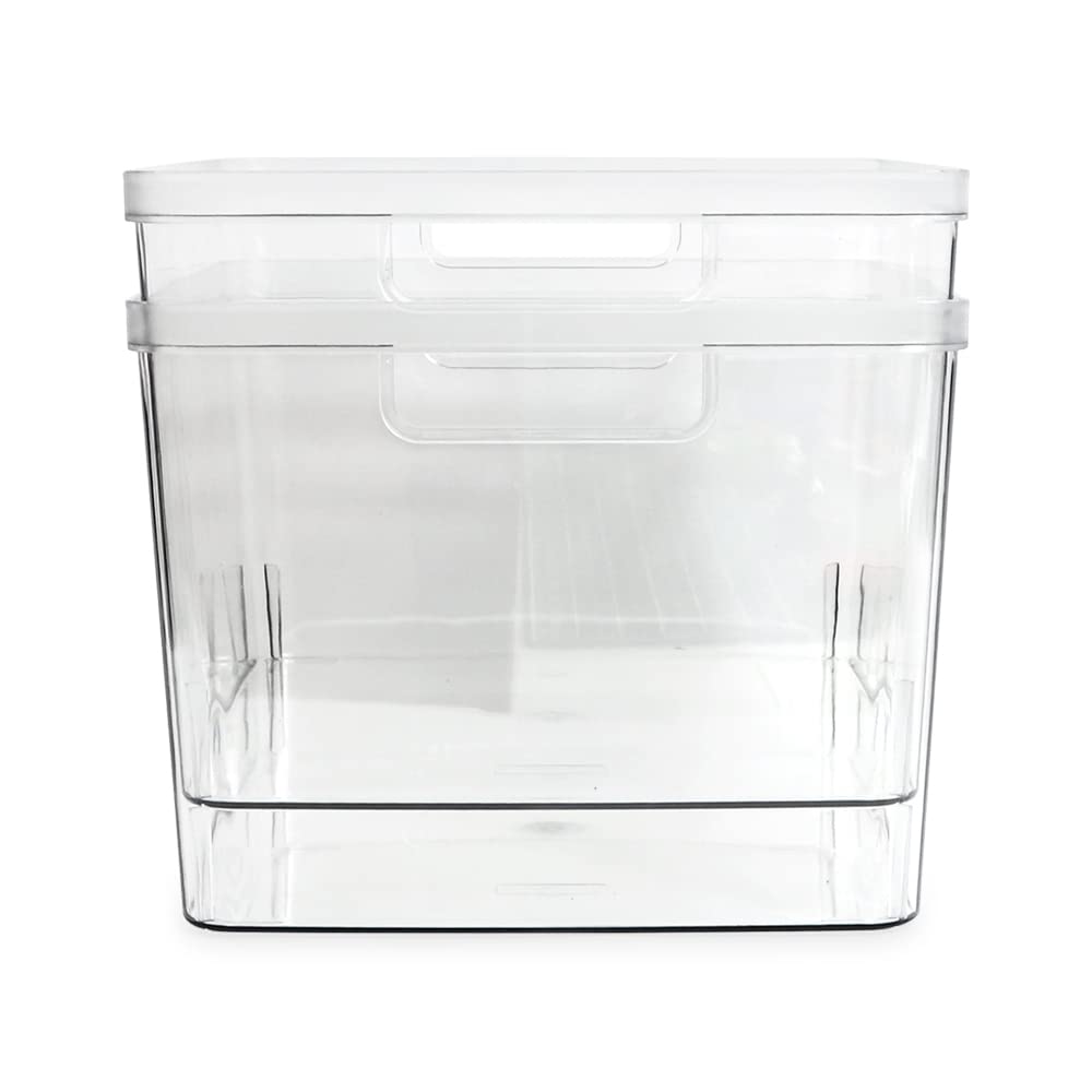Isaac Jacobs clear bin countertop organization demonstrates tidy, accessible essentials.