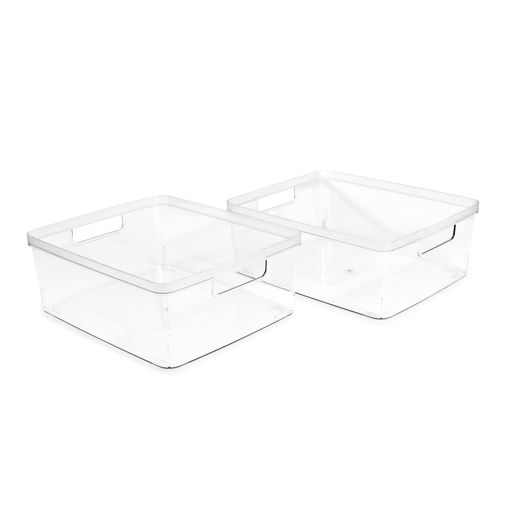 Isaac Jacobs large clear storage bin with cutout handles for simple transport between rooms.