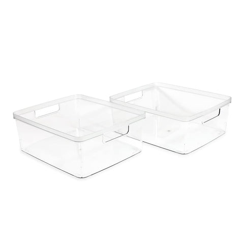 Isaac Jacobs large clear storage bin with cutout handles for simple transport between rooms.