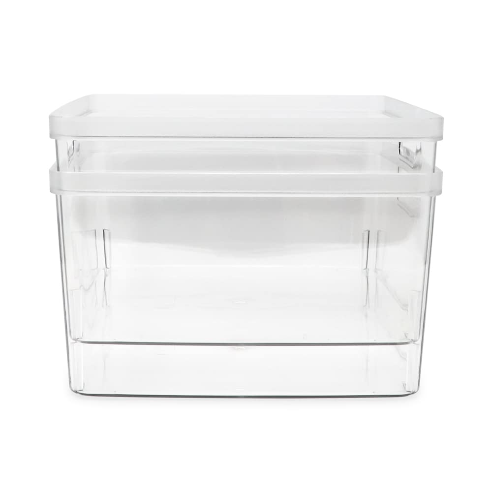 Isaac Jacobs square clear bin in bathroom stores toiletries while staying compact.