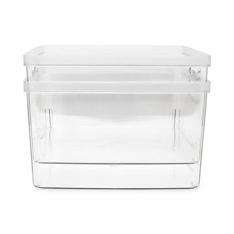 Isaac Jacobs square clear bin in bathroom stores toiletries while staying compact.