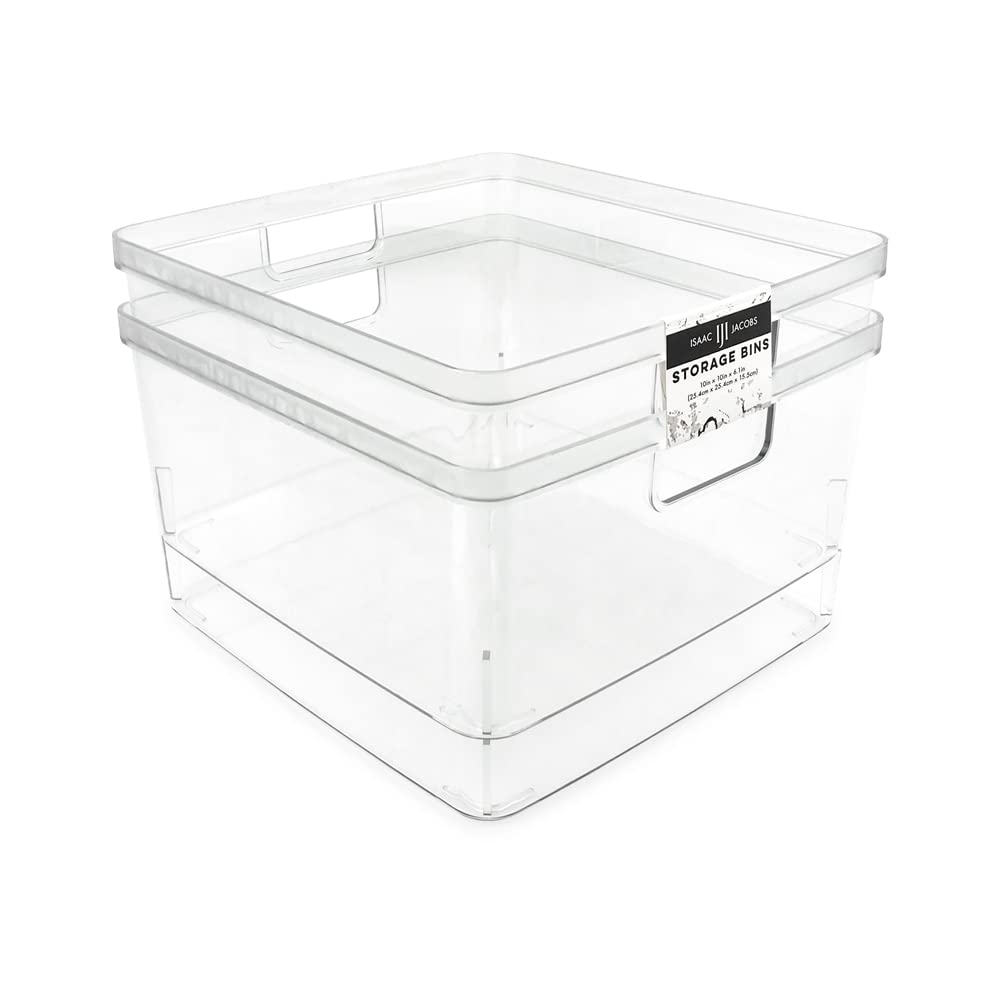 Isaac Jacobs square clear bin with cutout handles for easy transport and visibility.