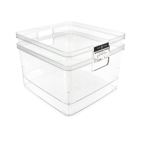 Isaac Jacobs square clear bin with cutout handles for easy transport and visibility.