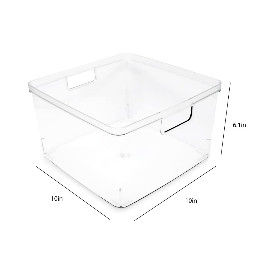 Isaac Jacobs square clear bin in fridge stores cheeses and jams neatly.