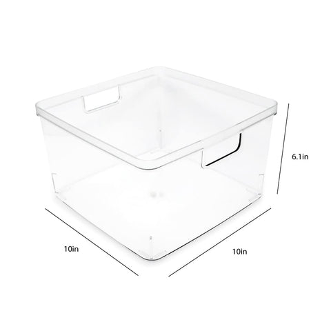 Isaac Jacobs square clear bin in fridge stores cheeses and jams neatly.