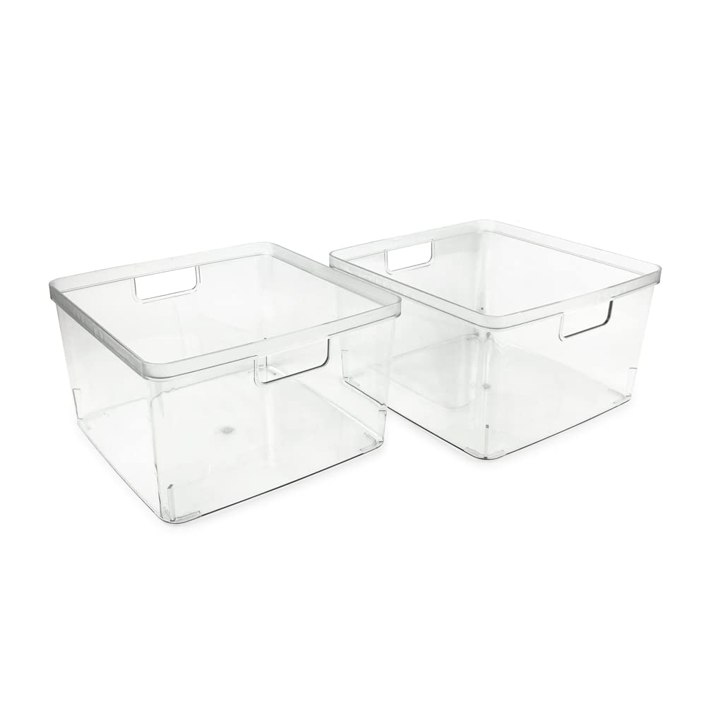 Isaac Jacobs square clear bin on kitchen counter helps declutter and organize snacks.