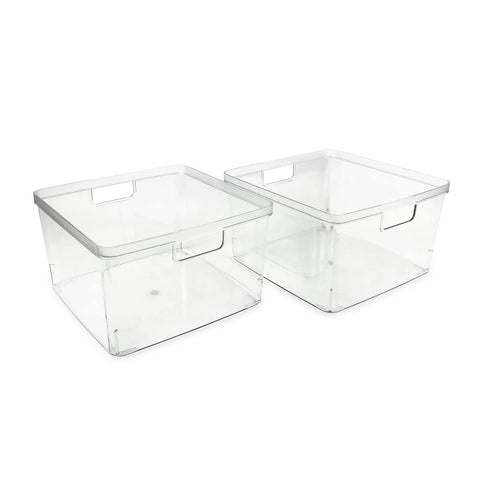Isaac Jacobs square clear bin on kitchen counter helps declutter and organize snacks.