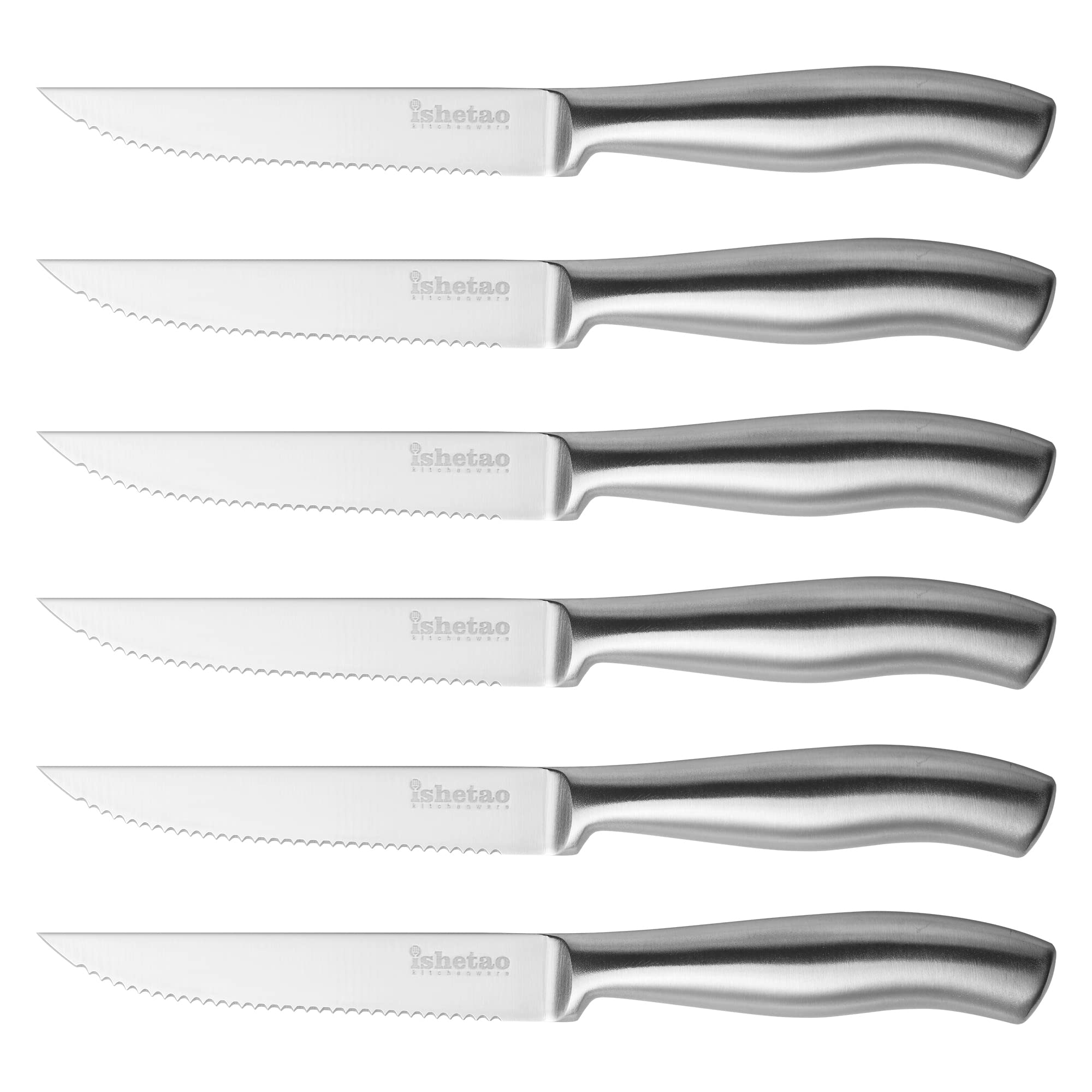 IsheTao steak knife set six 4.5-inch blades for easy steak slicing.