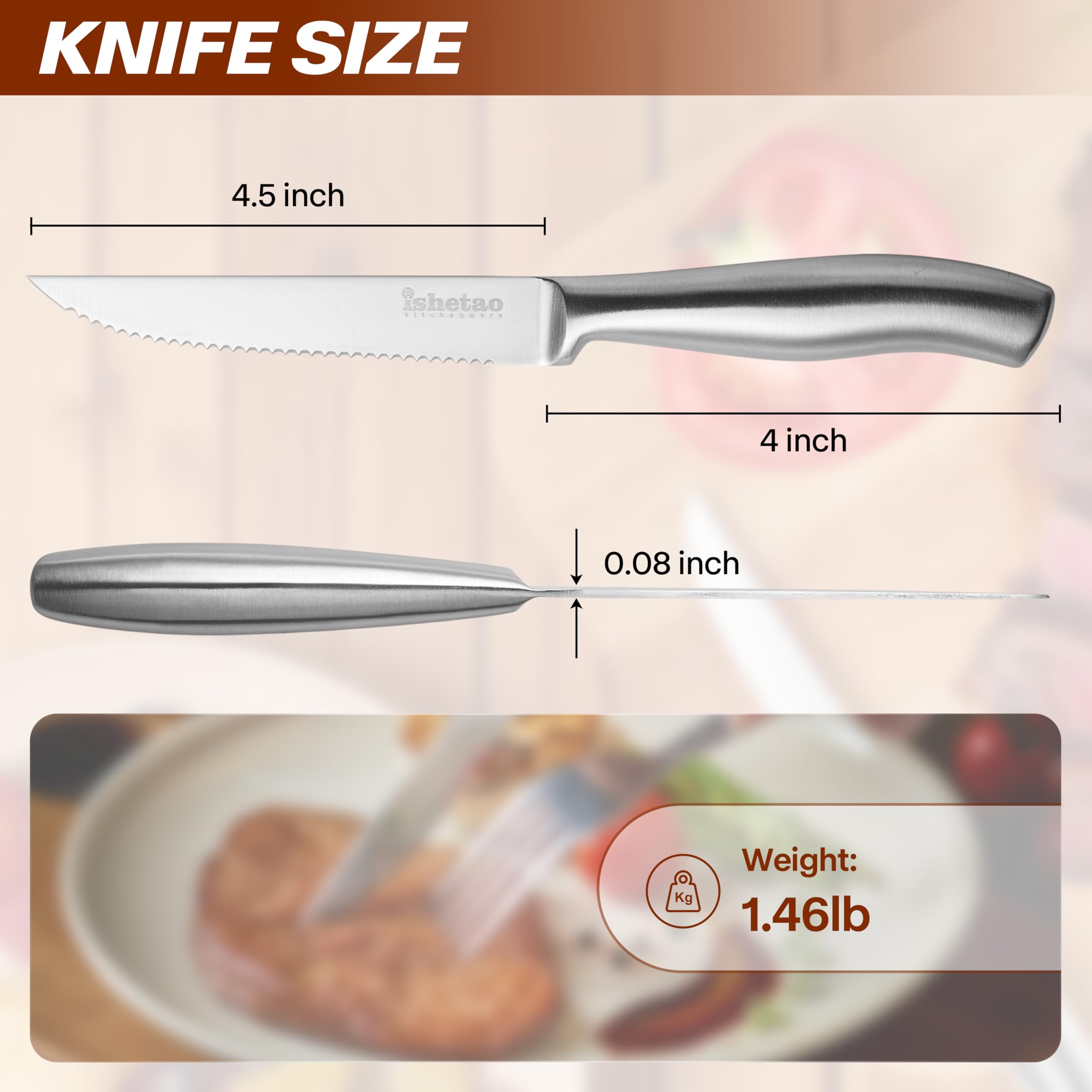 IsheTao six-piece steak knives dishwasher safe for quick cleanup.