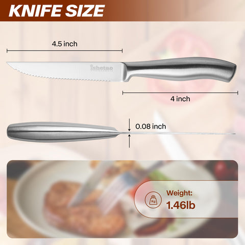 IsheTao six-piece steak knives dishwasher safe for quick cleanup.