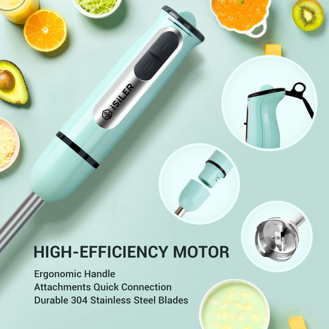 ISILER 5-in-1 stick blender assembly versatile for smoothies and soups.