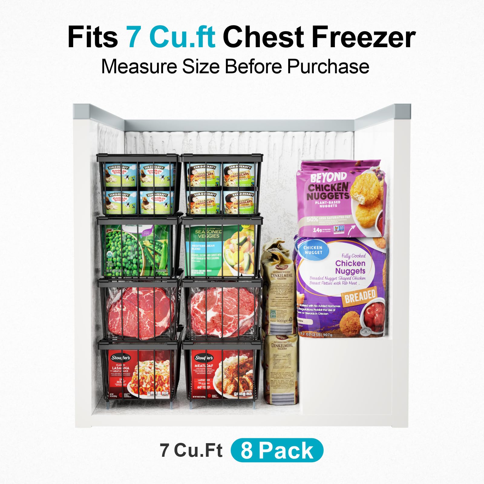 iSPECLE deep freezer bin keeps meats and vegetables neatly organized for quick access.