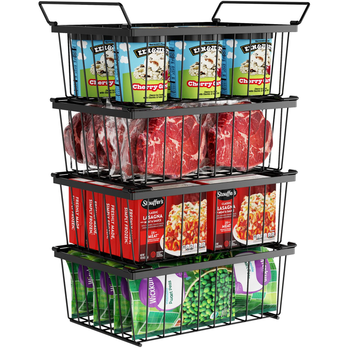 iSPECLE freezer bins stack four-pack for organized storage in a 5 cu ft chest freezer.
