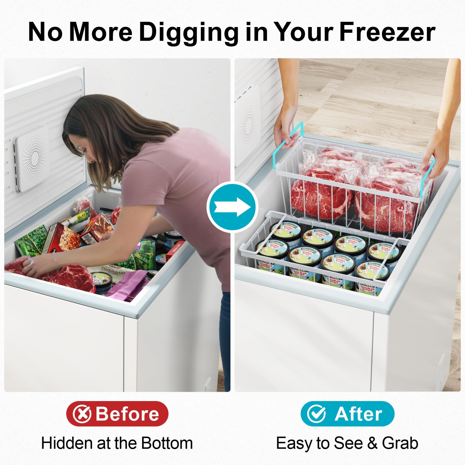 ISPECLE freezer bins with side handles for easy grab-and-go access to food