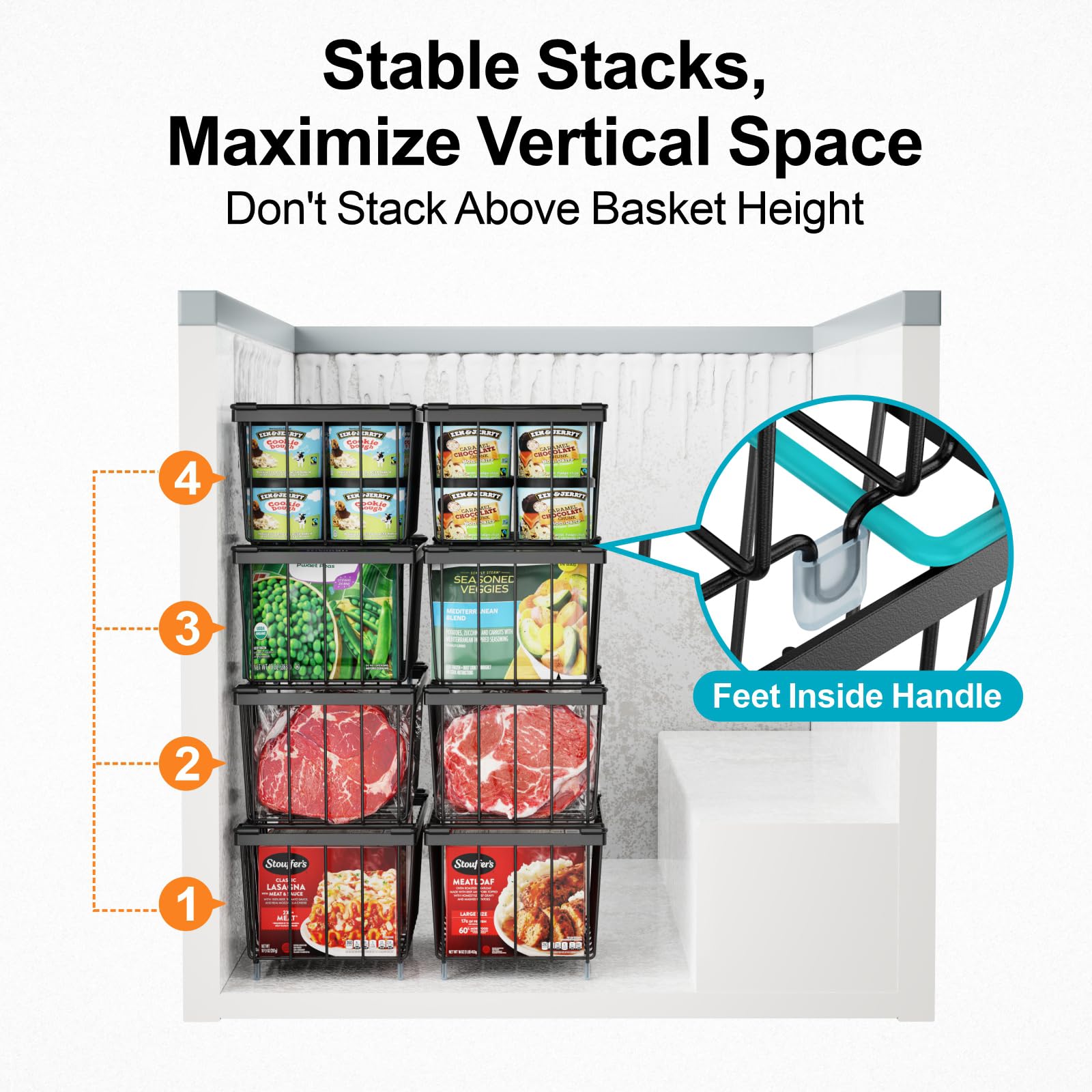 iSPECLE reinforced wire construction holds heavier frozen foods securely.