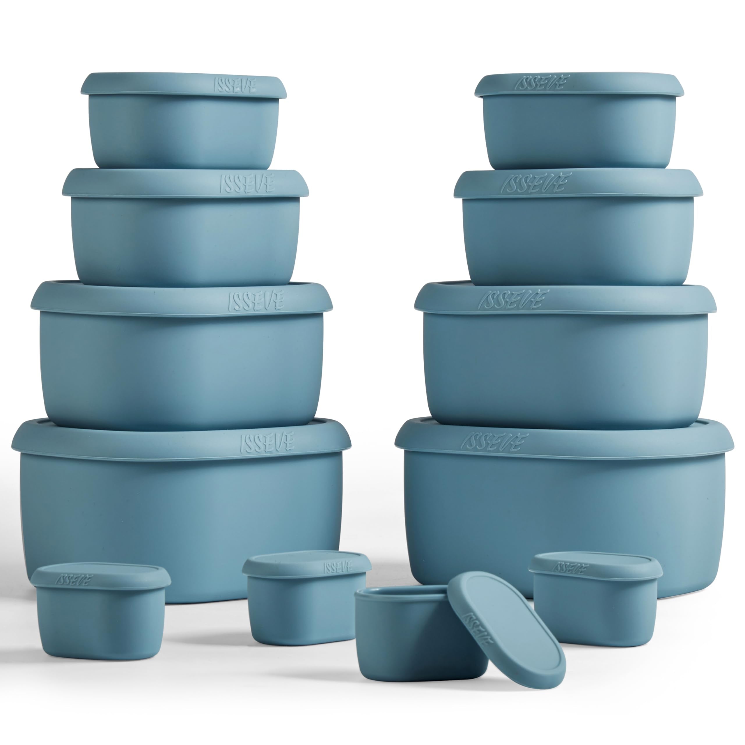 ISSEVE 12Pcs nesting silicone containers with lids for meal prep and freshness.