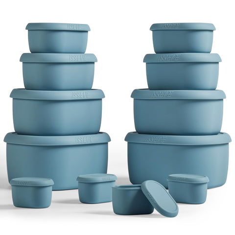 ISSEVE 12Pcs nesting silicone containers with lids for meal prep and freshness.