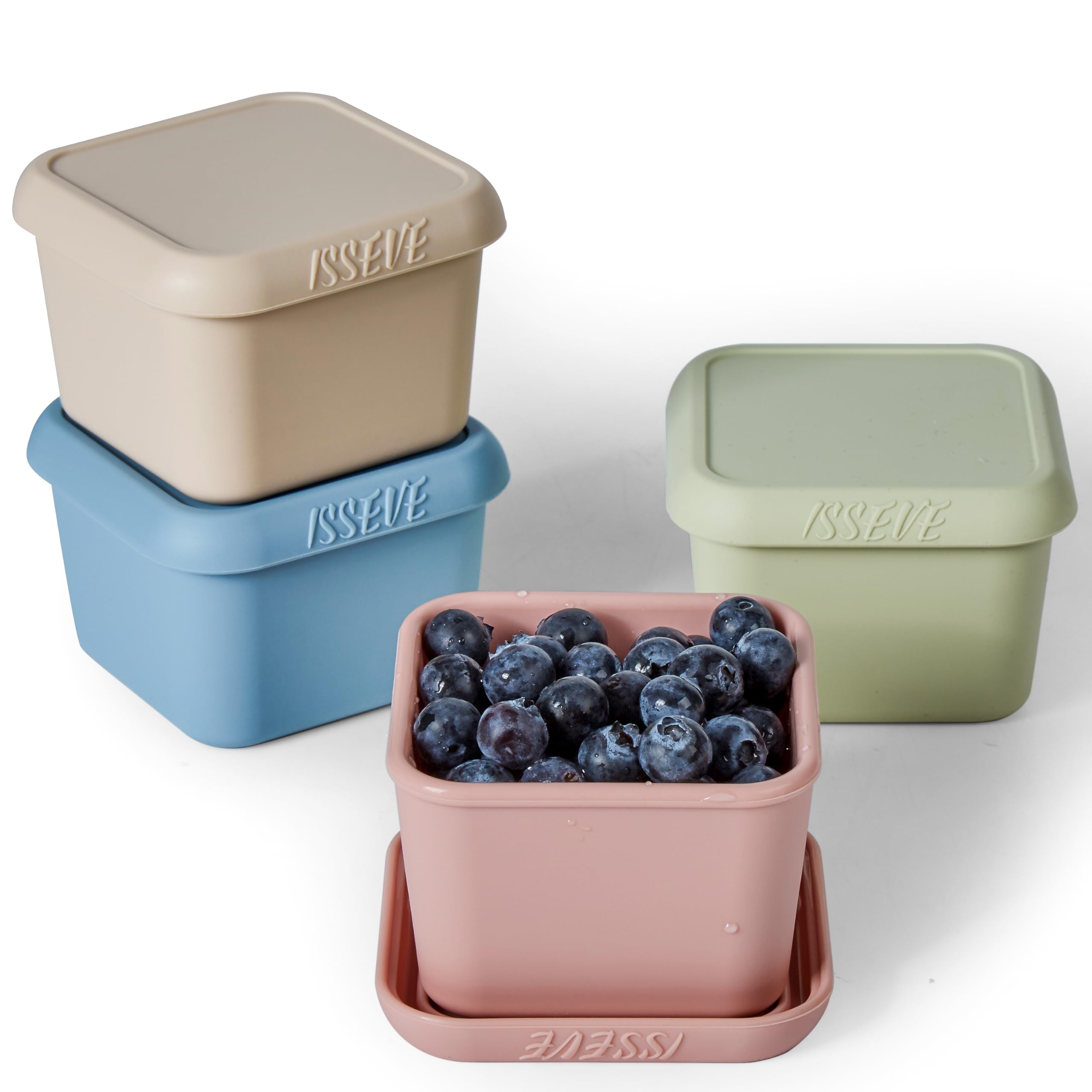 ISSEVE four-pack silicone snack containers with lids for easy, leak-free kid lunches.