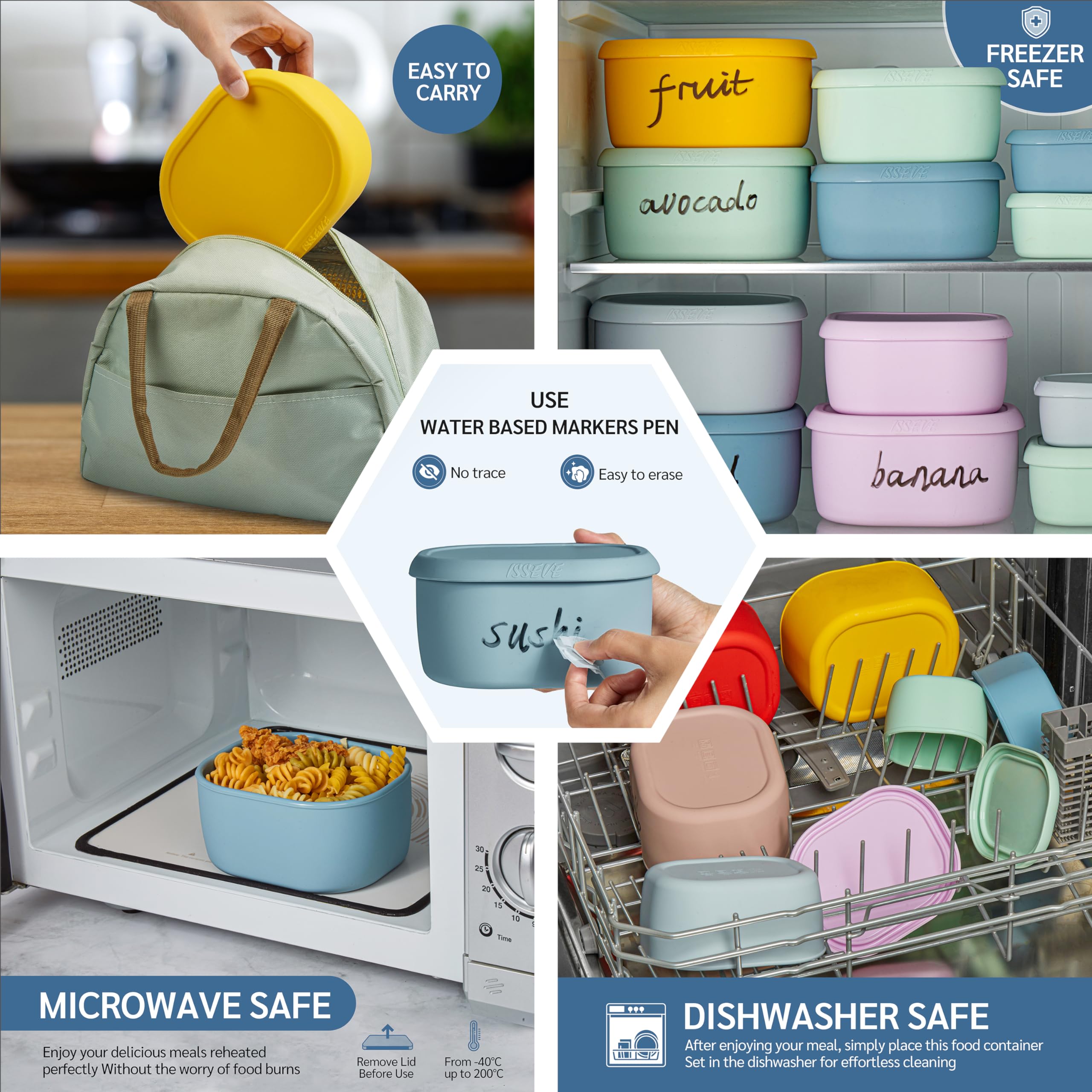 ISSEVE freezer-safe and dishwasher-safe silicone storage for versatile use.