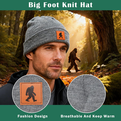 Ithmahco gray beanie with leather patch adds wilderness charm on cold days