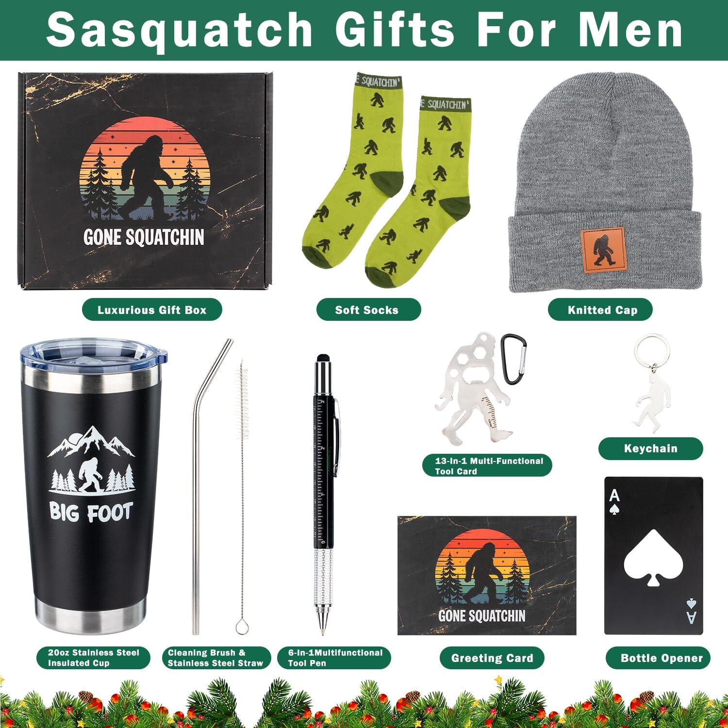 Ithmahco green Gone Squatchin socks offer playful comfort outdoors