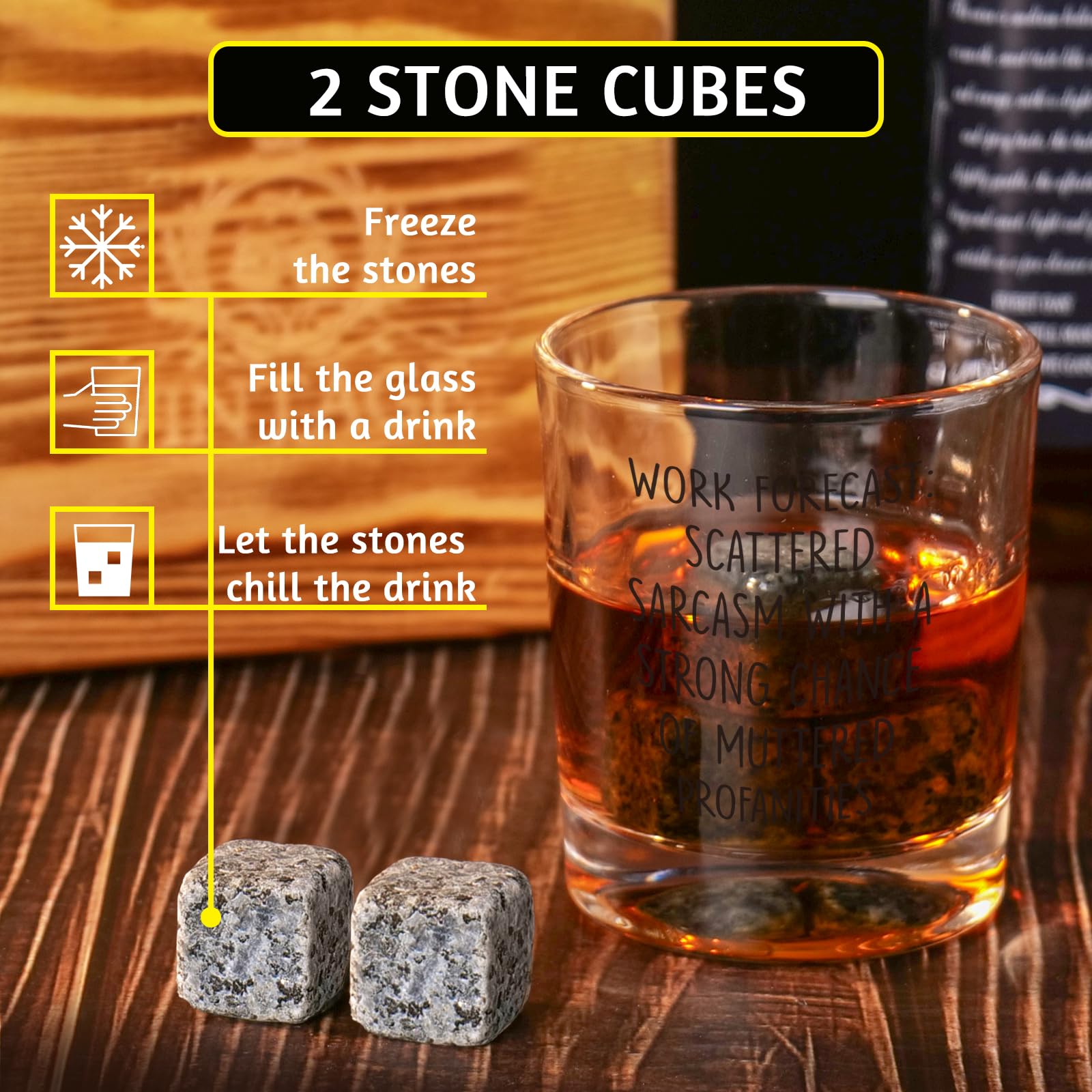 Two whiskey stones with Ithmahco glass for chill without diluting flavors