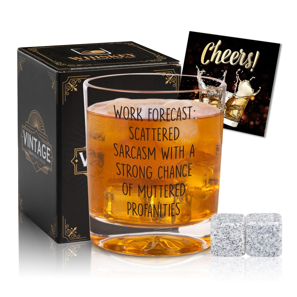 Ithmahco Work Forecast whiskey glass, front view on desk for office humor