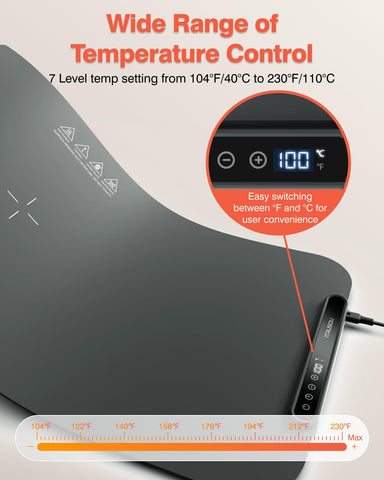 itrusou Food Warming Mat shows seven temperature settings for precise control