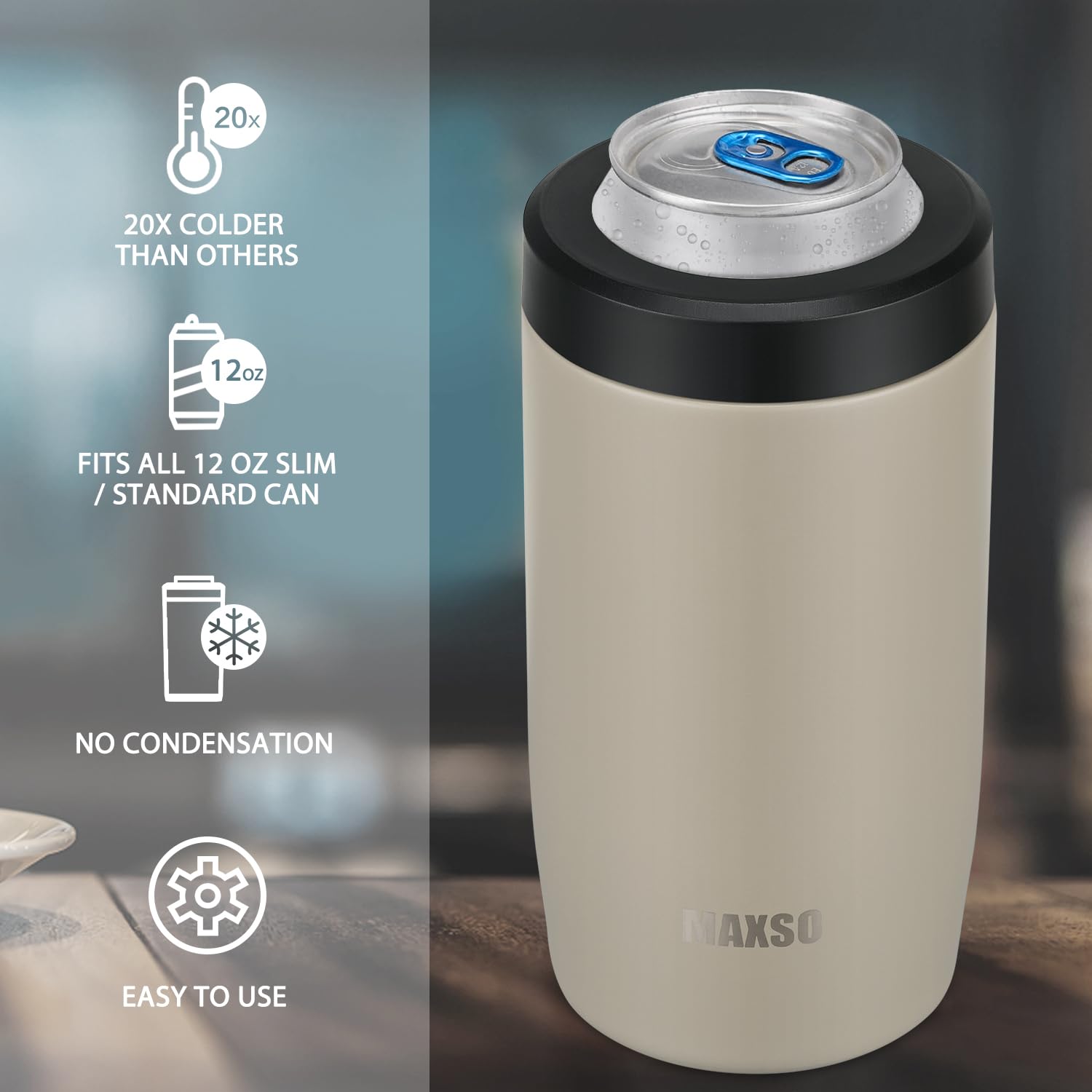 Itslife 4-in-1 slim can cooler beige in-use with a 12oz can demonstrates versatility