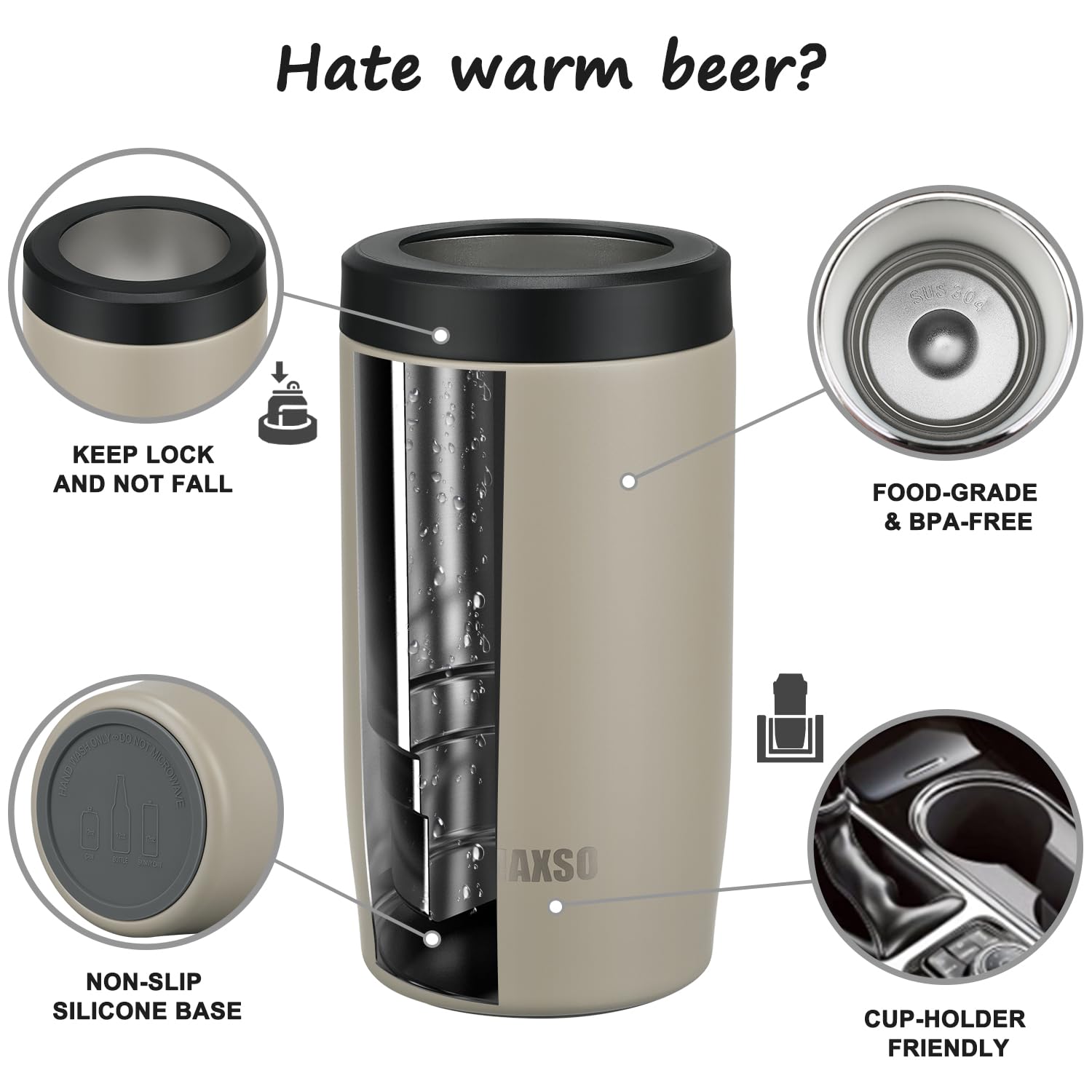 Itslife 4-in-1 slim can cooler beige with lid on for secure transport