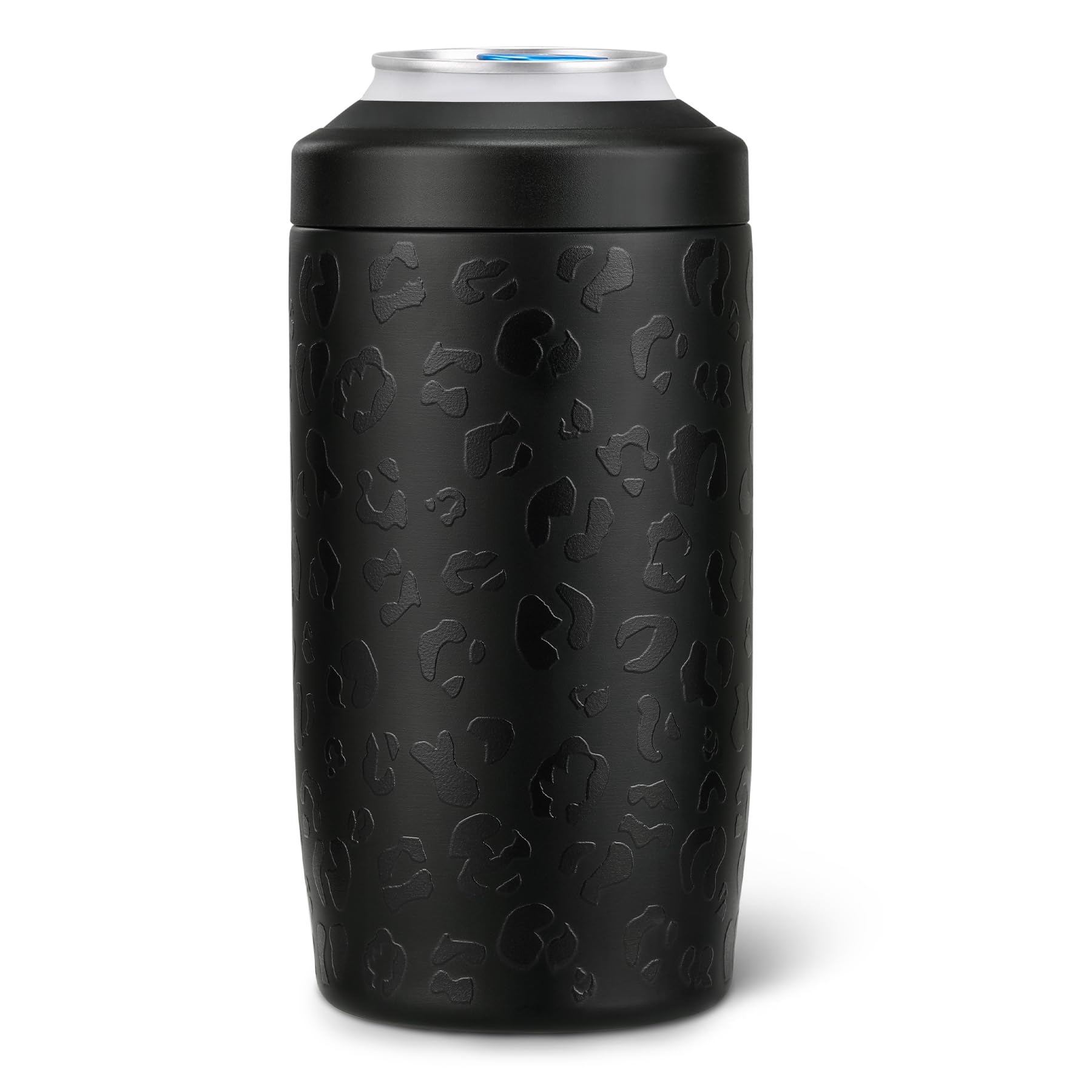 Itslife 4-in-1 slim can cooler front view shows easy grip in black leopard