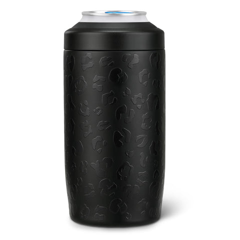 Itslife 4-in-1 slim can cooler front view shows easy grip in black leopard