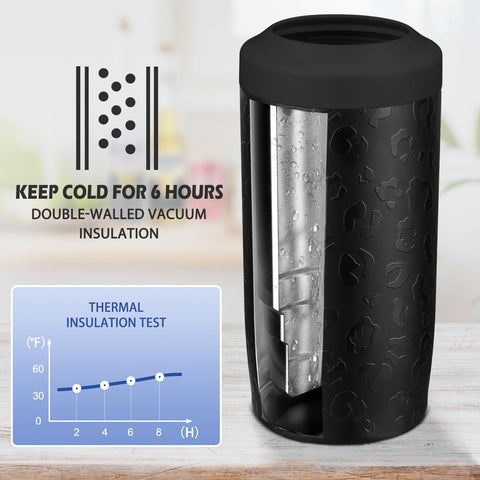 Itslife 4-in-1 slim can cooler lid-off insert demonstrates bottle compatibility on the go