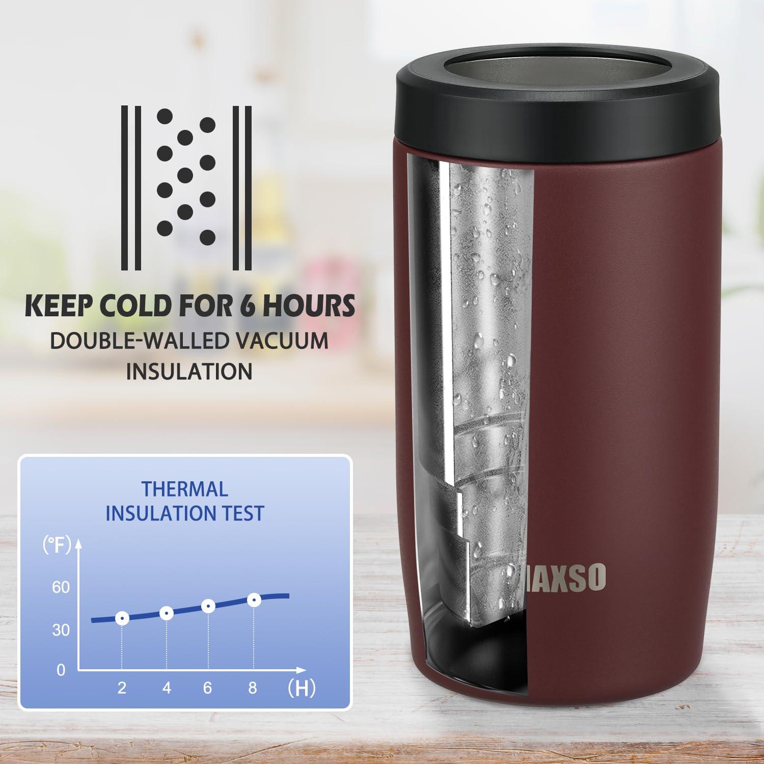 Itslife double-walled insulation preserves ice and prevents outside condensation.