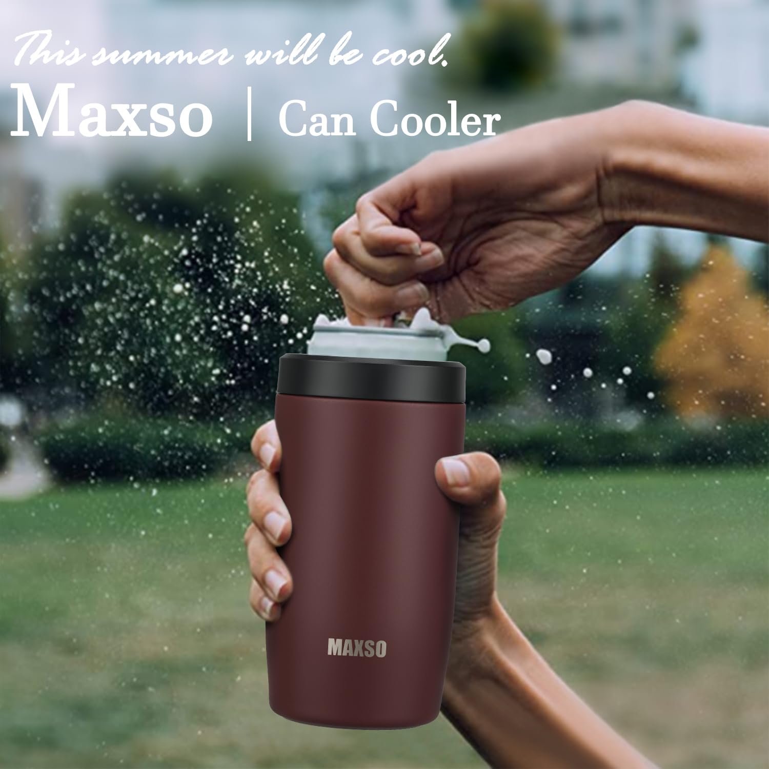 Itslife burgundy can cooler on an outdoor table ready for beach or camping.