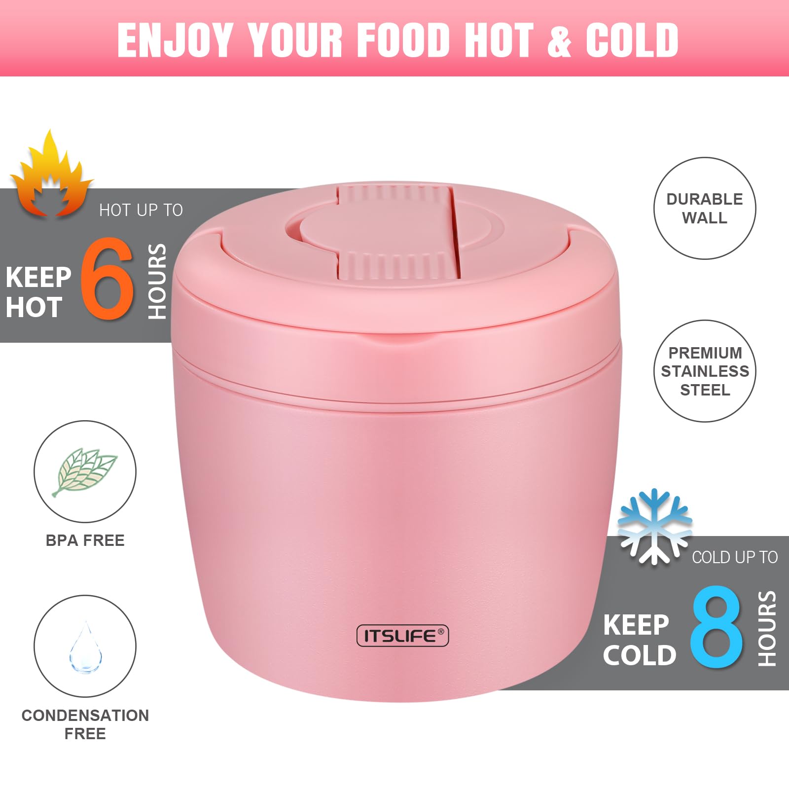 Itslife Soup Thermo dual-compartments prevent mixing of foods while you eat.
