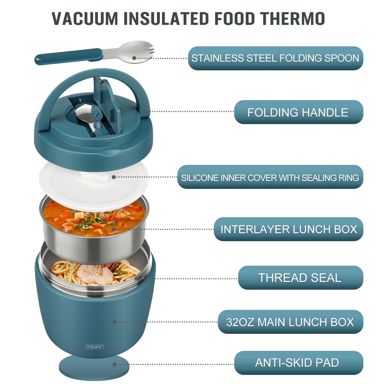 Itslife Soup Thermo teal hidden spoon makes on-the-go meals neat and convenient.