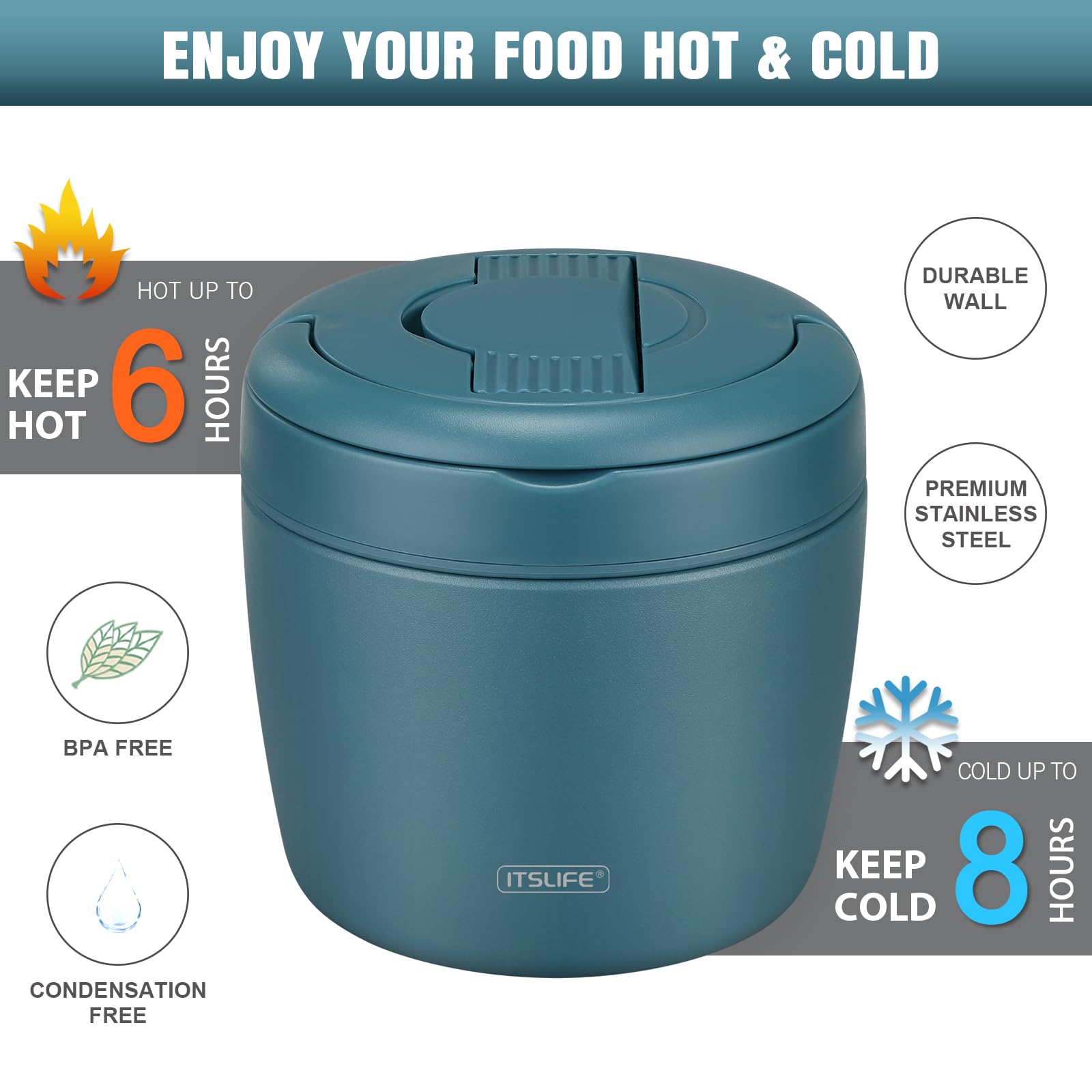 Itslife Soup Thermo teal leak-proof cap prevents spills during transport.
