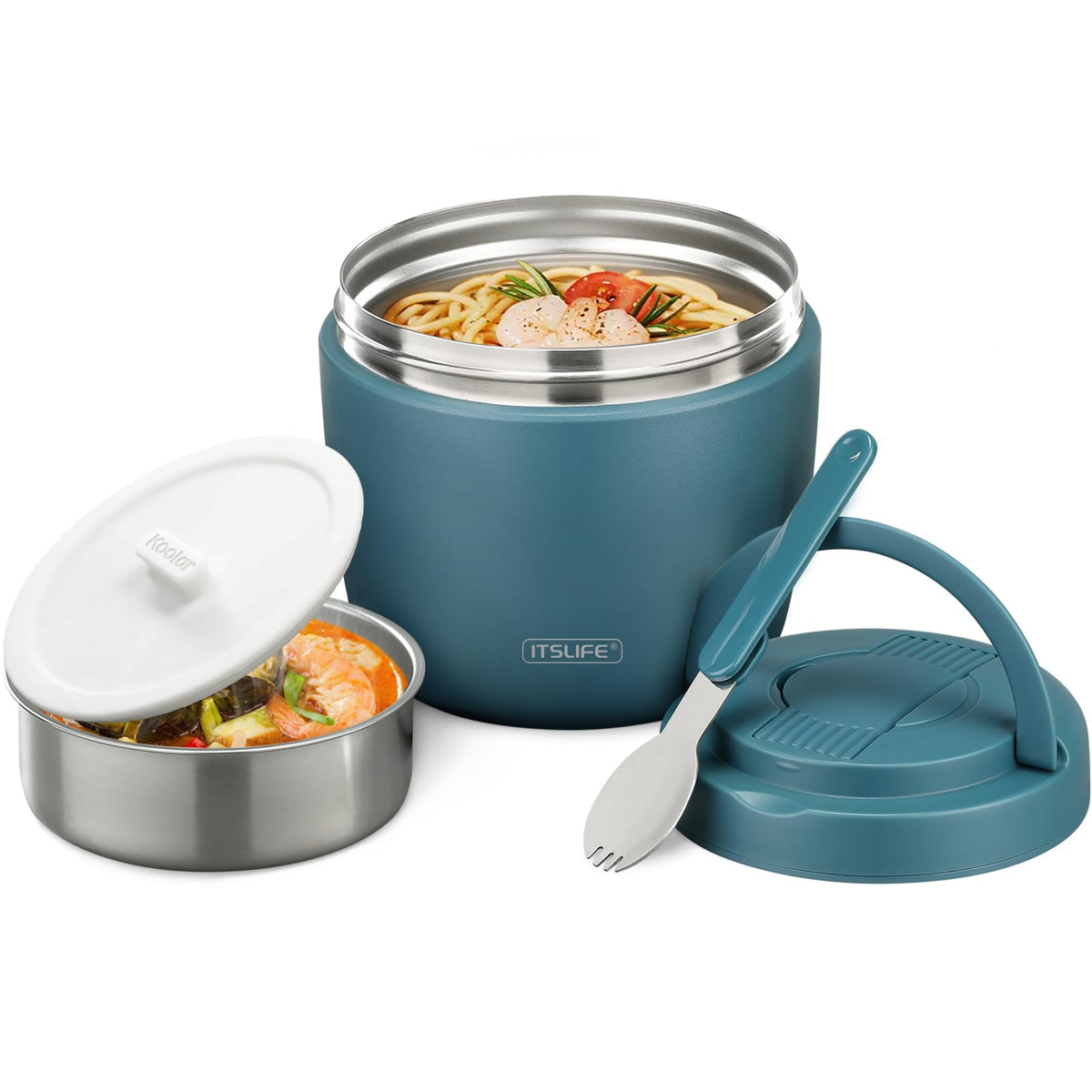 Itslife Soup Thermo teal wide-mouth cap keeps meals hot and easy to pour.