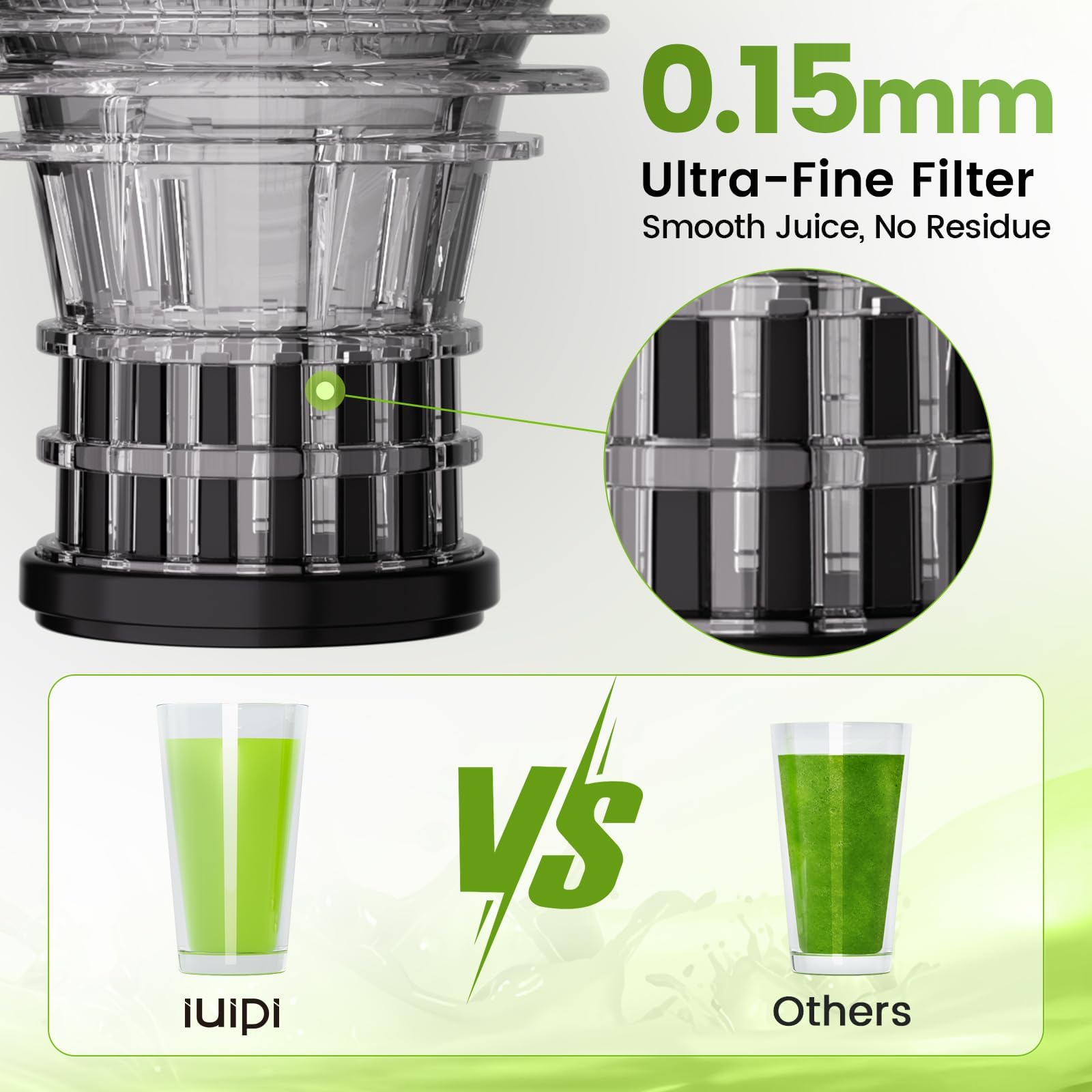 IUIPI slow juicer with auto pulp ejection system keeping counters tidy