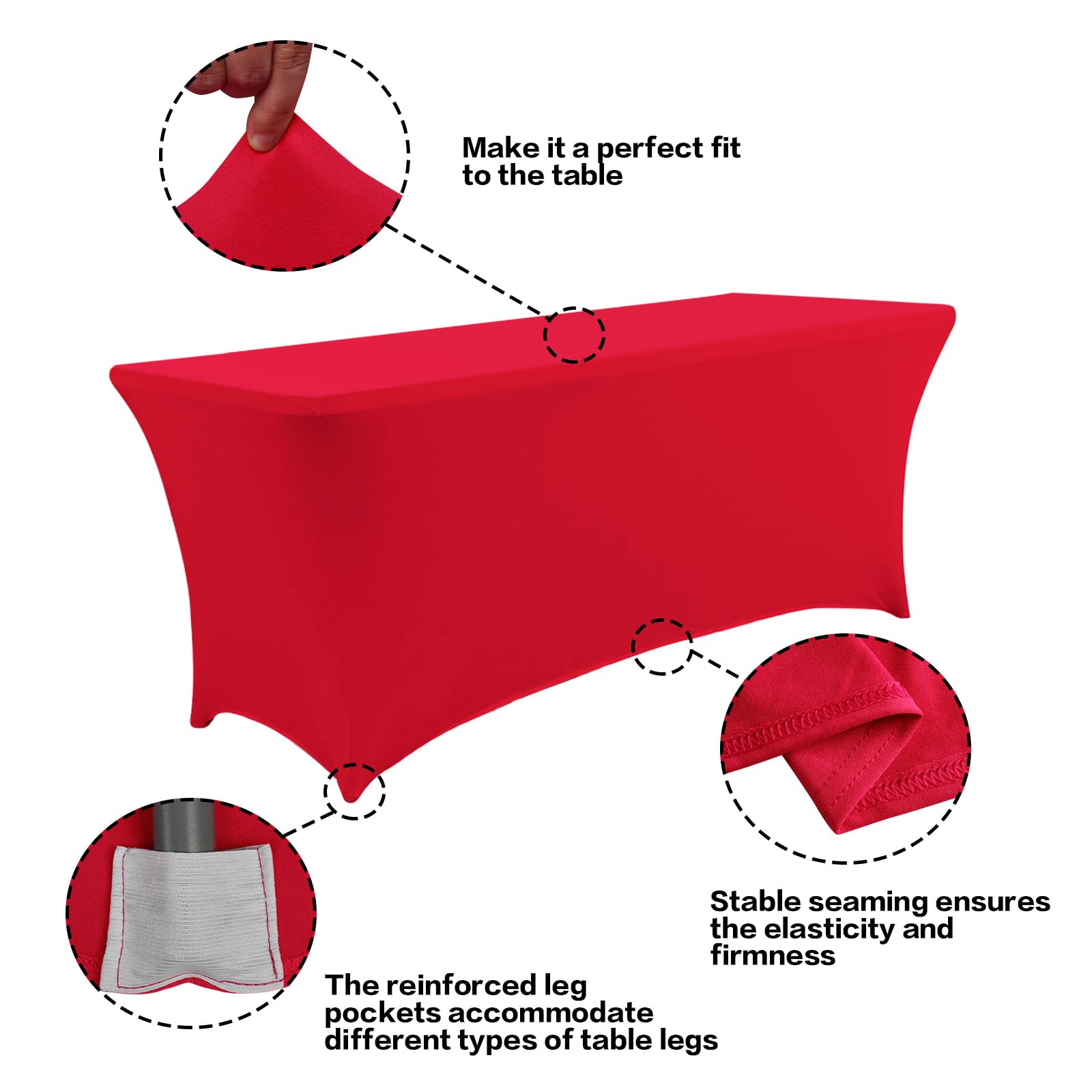 IVAPUPU 2-pack 6ft red stretch tablecloth draped on a table with smooth fabric.