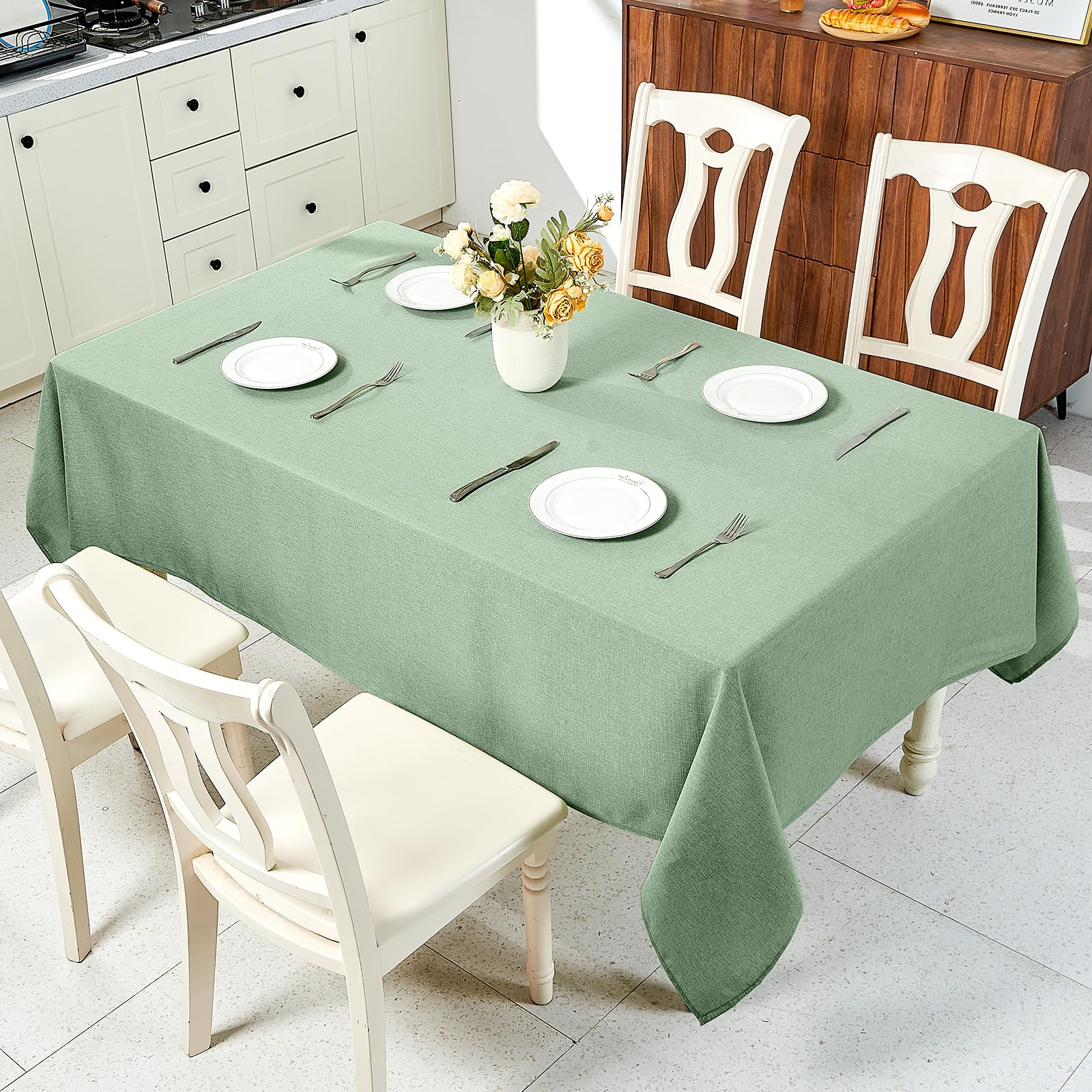 IVAPUPU large 60x104 sage green tablecloth on rectangular table