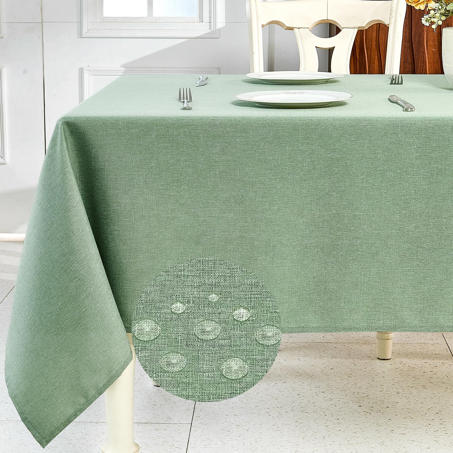 IVAPUPU textured linen tablecloth in sage green on a rectangle table with 60x104 dimensions